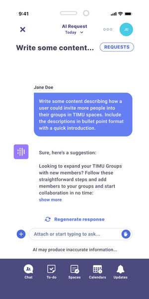 Screenshot of TIMU mobile chatgpt app